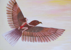 Adler, Mädchen und Katze: Malerei mit Acrylfarbe zeigt einen fliegenden Adler auf dessen Rücken ein Mädchen sitzt.