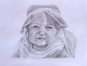Grimm: gezeichnet ist das Portrait eines grimmig dreinschauenden Babys.