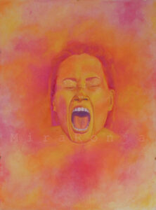 Mein Schrei: ein schreiendes Gesicht taucht zwischen Farbexplosionen auf. Das gesamte Bild besteht aus den Farben Gelb, Lila und Orange. Es wurde mit Wasserfarben gemalt.